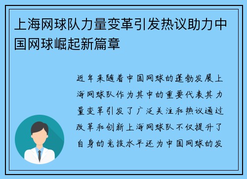 上海网球队力量变革引发热议助力中国网球崛起新篇章