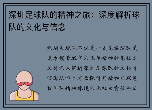 深圳足球队的精神之旅：深度解析球队的文化与信念