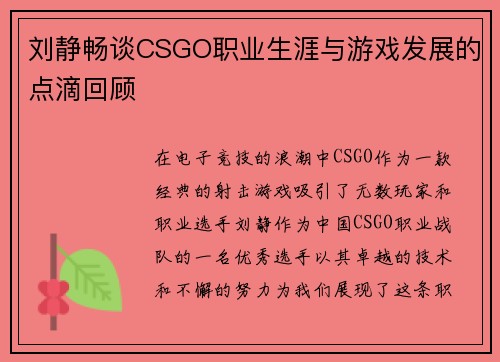 刘静畅谈CSGO职业生涯与游戏发展的点滴回顾