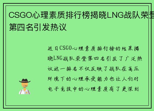 CSGO心理素质排行榜揭晓LNG战队荣登第四名引发热议