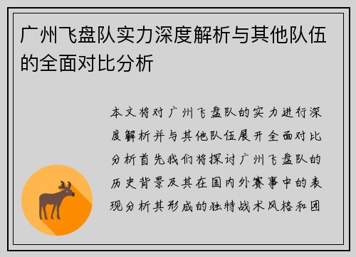 广州飞盘队实力深度解析与其他队伍的全面对比分析