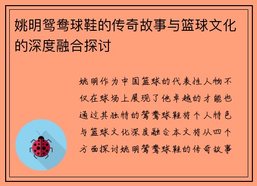 姚明鸳鸯球鞋的传奇故事与篮球文化的深度融合探讨