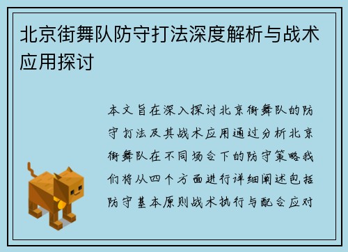 北京街舞队防守打法深度解析与战术应用探讨