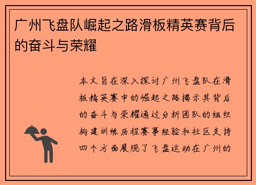 广州飞盘队崛起之路滑板精英赛背后的奋斗与荣耀