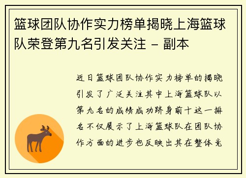 篮球团队协作实力榜单揭晓上海篮球队荣登第九名引发关注 - 副本