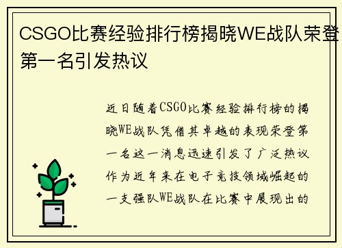 CSGO比赛经验排行榜揭晓WE战队荣登第一名引发热议