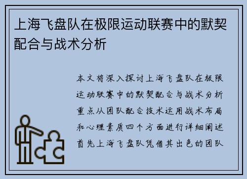 上海飞盘队在极限运动联赛中的默契配合与战术分析