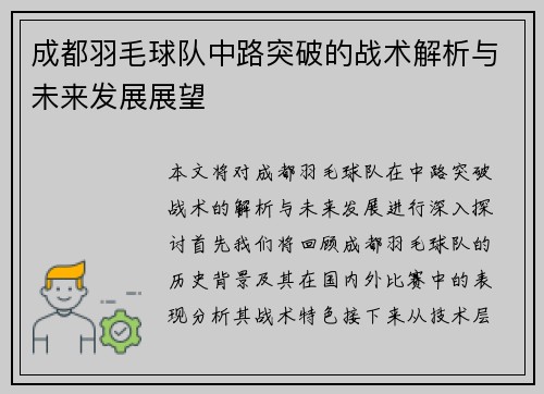 成都羽毛球队中路突破的战术解析与未来发展展望